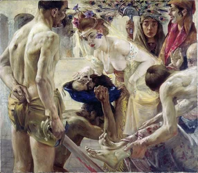 Salome. The biblical heroine, in dance costume, receives the head of Saint John the Baptist on a platter, which Herod offers her as a reward for her charms. Painting by Lovis Corinth (1858-1925)