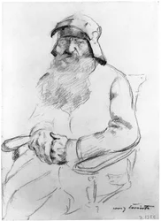 Seated Bearded Old Man with a 16th-Century Helmet, Seen from the Front (Study for Götz von Berlichingen)