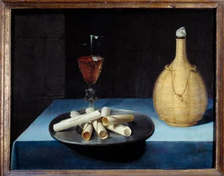 The still life wafer dessert of biscuits, wine bottle and glass. Painting by Lubin Baugin (1612-1663), 17th century, 0,41 x 0,52 m.