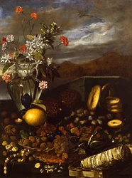 Still Life with Dried Fruit, Flowers and Landscape