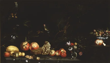 Still life with fruit, flowers, a hawk and a goldfinch, 1620-30