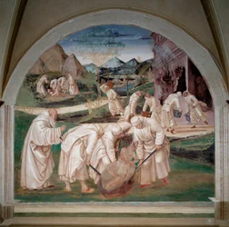 The Problems of Installations of the Monks in Monte Cassino, Saint Benedict Takes Away a Demon from a Stone, in the Background the Monks Find an Idol into the Ground, Another Group Fights Against Fire