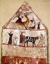 A bull is led to the sacrificial altar. Lucanian fresco from the 4th century BC, from the necropolis of Andriuolo in Paestum, Italy. Museo Nazionale Archeologico, Paestum