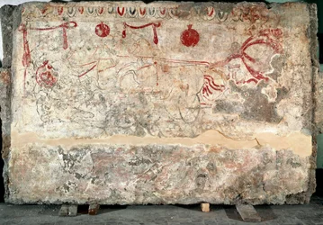 A Lucanian fresco of a quadriga from the 4th century BC, from the necropolis of Paestum, Italy. Museo Nazionale Archeologico, Paestum