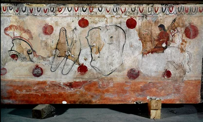A horseman and the different elements of his armor. Lucanian fresco from the 4th century BC, from the necropolis of Paestum, Italy. Museo Nazionale Archeologico, Paestum