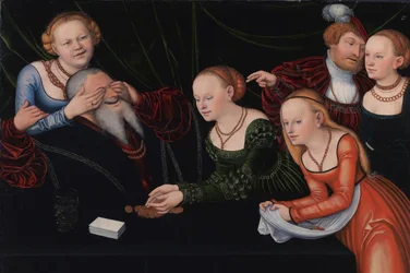 Old man beguiled by courtesans, ca 1537