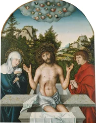 Christ as the Man of Sorrows, seated on a sarcophagus between the Virgin and St John