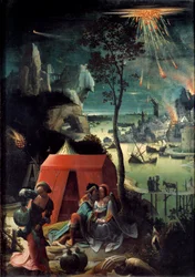 Lot and his daughters. Lot surrounds his two daughters, refuge in the mountain to escape the destruction of Sodom. Naked girls get their father drunk. Painting by Lucas van Leyden, called Lucas de Leiden (Leide) (Lucas Hugensz or Lucas Jacobsz)