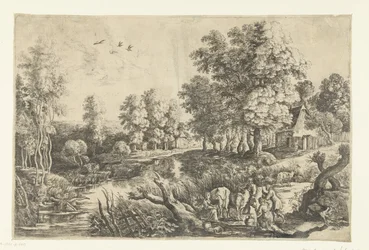 Farmers with Cattle by a Stream