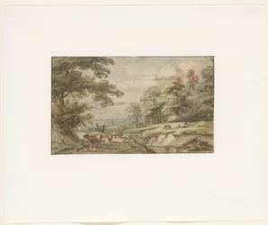 Hilly Landscape with Flock of Sheep and Cow