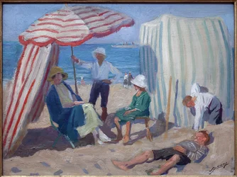 On the beach. Painting by Lucien Jonas, oil on wood 1920, French art, 20th century. Musee la piscine, Roubaix.