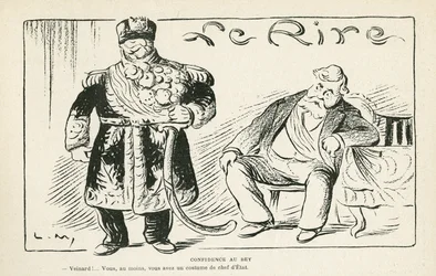 Illustration in Le Rire, 27/07/12 - Confidence to the Bey - Colonization - Fallieres Armand, Naceur Bey