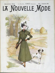 Woman in hunting attire wearing a rifle - in La Nouvelle Mode from Sept. 1898