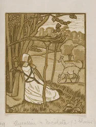 Girls seated under tree with deer, wood engraving of Lucien Pissarro, c. 1880-1940