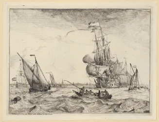 A Barge and Several Sailing Ships on a Stormy Sea off Amsterdam, Plate 4 from the Series "Seascapes with Views of the IJ, Amsterdam, Rotterdam and Katwijk" (Hollstein No. 1-10)