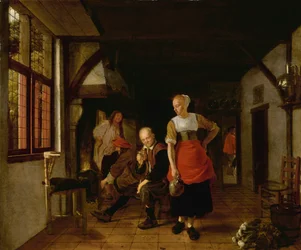 A Maid Holding a Jug and Three Men by the Fire