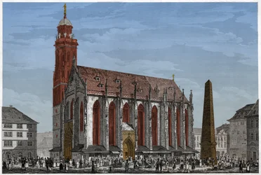 Chapel of St. Mary in Würzburg, in front of Marche Square and the Obelisk, Germany (Engraving)