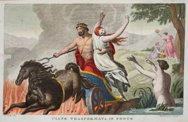 Cyane and the Rape of Proserpina or Ciane Transformata in Fonte, Book V, Illustration from Ovid