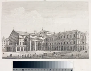 View of the Carlo Felice Theatre and the Palace of the Accademia in Genoa