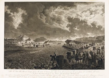View of the bridge Pila in Genoa, after the flood of the Bisagno torrent on 26/10/1822 (Etching, c.1822)