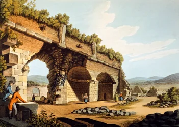 European Visitors at Temple of Diana, Engraving by Luigi Mayer
