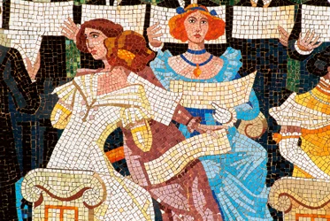 Palais de la musique catalane, Barcelone. Mosaic decorating the facade: woman singing in the Catalan choir (Orfeo Catala), (detail)