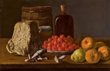 Still Life with a Plate of Azarole Apples, Fruit, Mushrooms, and Cheese