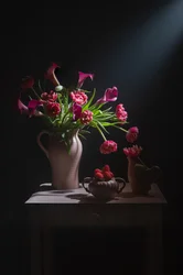 Dramatic Pink Flowers Still Life