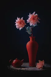 Pink Dahlias Red Vase