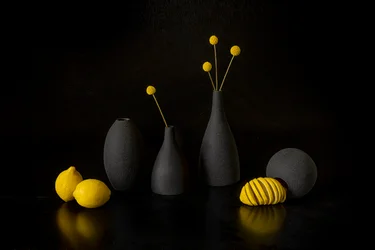 Yellow Lemons Black Vases
