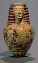 Proto-Corinthian aryballos with a human head, decorated with a scene of combat