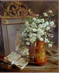 The red vase still life with mirror, bouquet of flowers and book. Painting by Madeleine Lemaire (1845-1928), 20th century. Private Collection