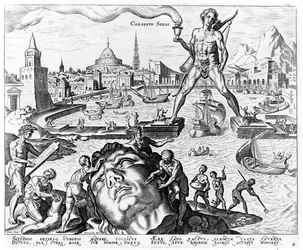 The Colossus of Rhodes, plate 4 from The Eight Wonders of the World, engraved by Philips Galle, 1572