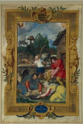 Calendar page for December, slaughtering of the pig, from a book of hours, c.1550-60