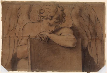 Cartoon Fragment for Adolescent Angel Leaning on a Tablet or Closed Book