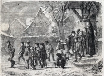 Out of school in winter. Engraving after a painting by M. B. Vautier in The Universe Illustrous