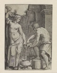 Half-Naked Woman Washing with Sponges and Male Servant Pouring Water into a Vat Woman with Two Sponges