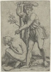 Crouching naked man beaten by a man with a fox