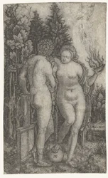 Young Man Protected by Woman with Globe and Offering Bowl as Personification of Fortune (Fortuna)