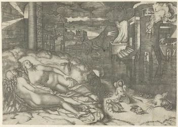 Landscape with Two Naked Sleeping Women and Fantasy Animals on Shore by Water with Burning Building (Dream of Raphael)