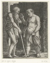 Old Man Leaning on a Stick and Gesturing Young Fat Man