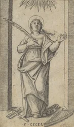 Saint Cecilia standing holding a palm of martyrdom in her right hand, ca. 1500-1527