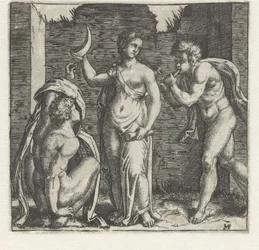 Woman with Crescent Moon Flanked by Faun Blowing Horn and Crouching Man