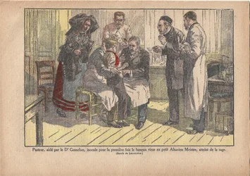 Pasteur, assisted by Dr. Grancher, inoculated the famous virus for the first time in the little Alsatian master, infected with rabies