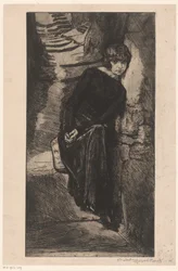 Woman dressed in black, leaning against a wall. Misère de misère (title on object). Meisje van plezier (series title). Fille de Joie (series title on object)