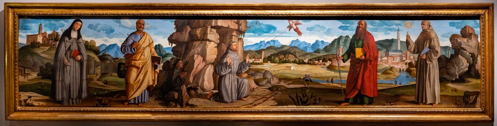 St. Francis receives the stigmata among St. Clare and Peter, the blessed Bartolomeo of Breganze, and St. Paul and Bernardino