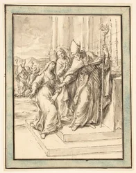 A Bishop and Two Nuns at an Altar, with a Bishop Healing a Possessed Woman in the Background