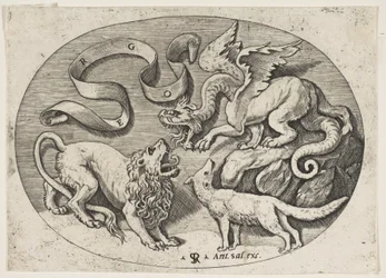 A Lion, Dragon and Fox Fighting Each Other, an Inscribed Banderole Above, an Oval, ca. 1515-27