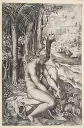 Venus removing a thorn from her left foot while seated on a cloth next to trees