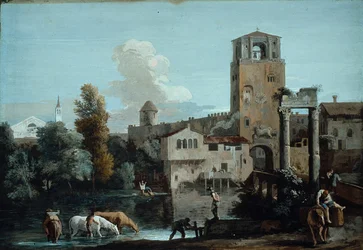 A Capriccio with Horses Watering in a River Outside a Walled Town